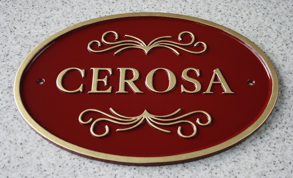 maroon and gold metal nameplate house plaque